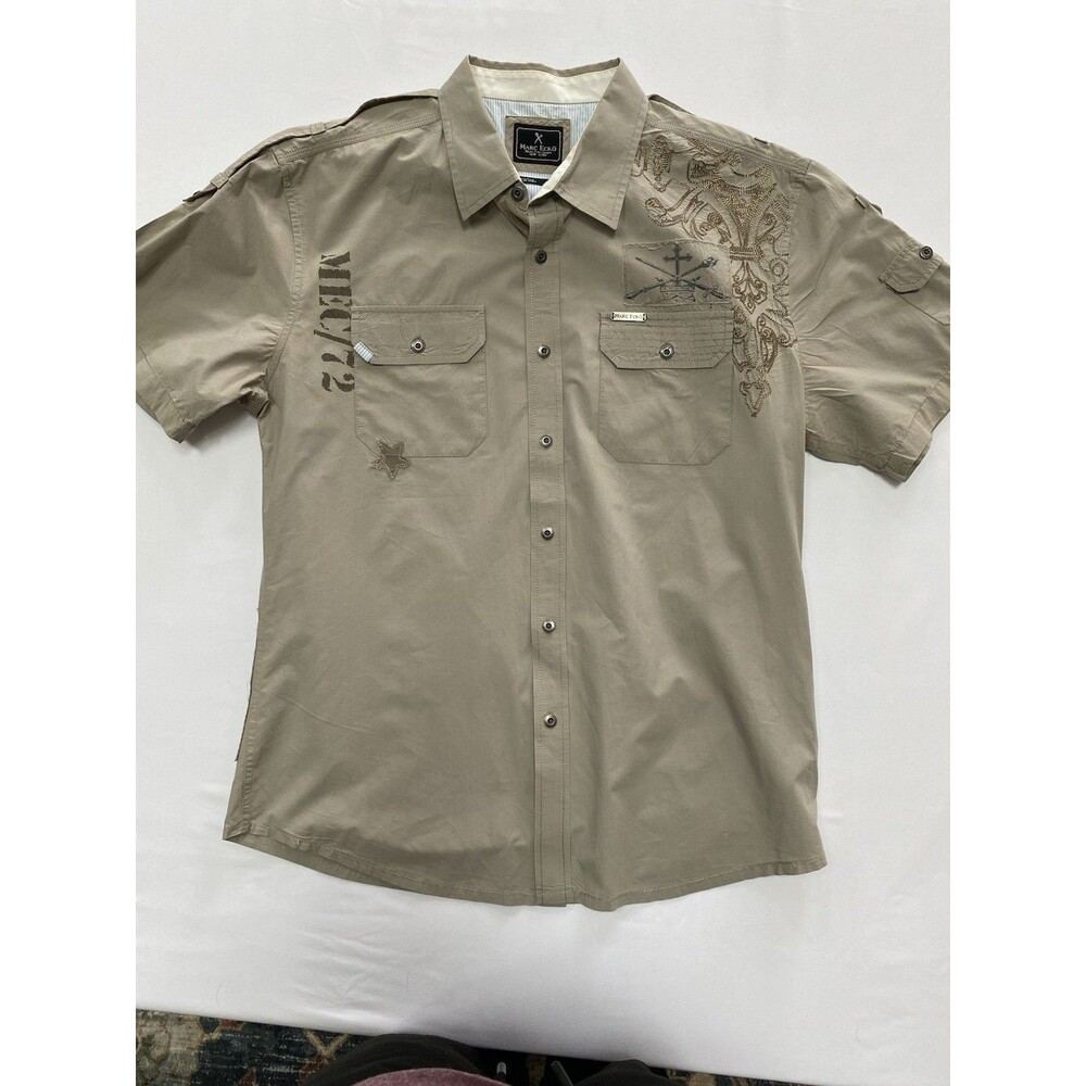 Marc Ecko Unltd Men's Short Sleeve Button Down Shirt - Khaki - Large